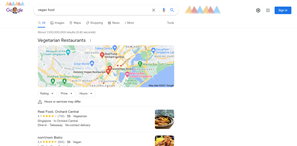 Search Results for "vegan food" under "Singapore" as the chosen region.