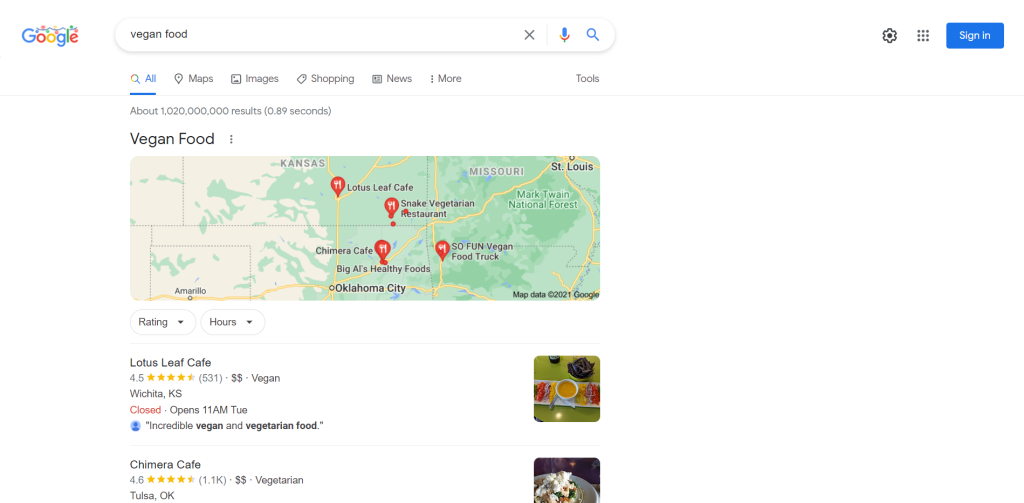 Search Results for "vegan food" under "United States" as the chosen region.