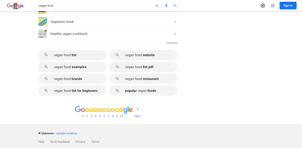 Alternative, long-tail (more specific) keyword results for "vegan food."