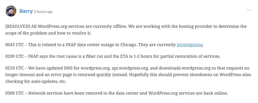 wordpress downtime status update 5 august 2022