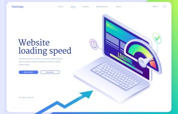 Website loading speed isometric landing page. Mobile site optimization digital concept, laptop with speedometer on screen. Internet page quick traffic loading, engine plugin test 3d vector web banner