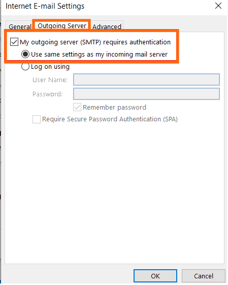 outlook smtp email requires authentication