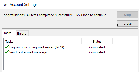outlook smtp test account settings