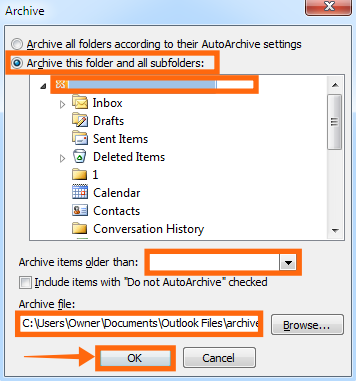 archive dialog box import pst file to outlook 2010 version