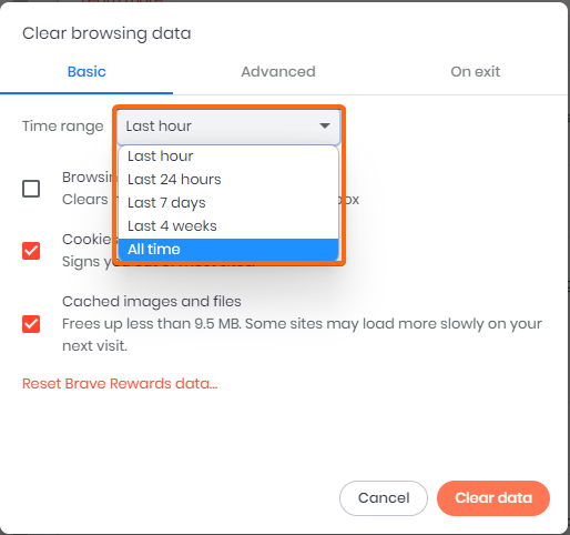 brave browser clear browsing data select time range