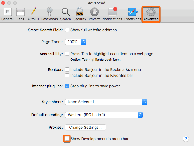 clear cache safari advanced show develop menu in menu bar