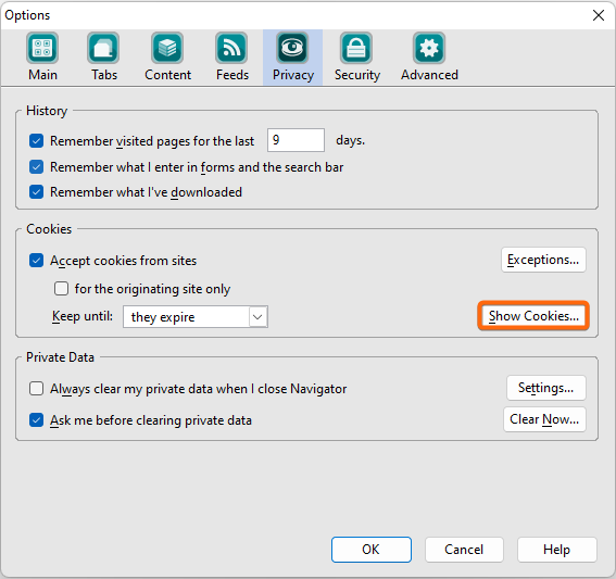 clear cached data in netscape options window privacy show cookies