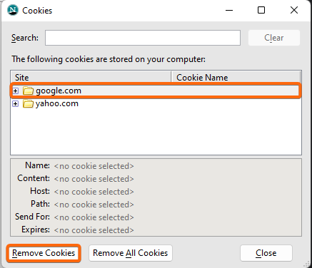 clear cached data in netscape tools remove selected or all cookies