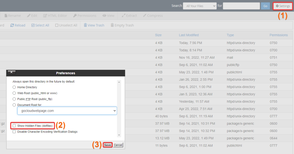 cpanel file manager settings show hidden files