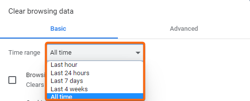 google chrome clear browsing data select time range