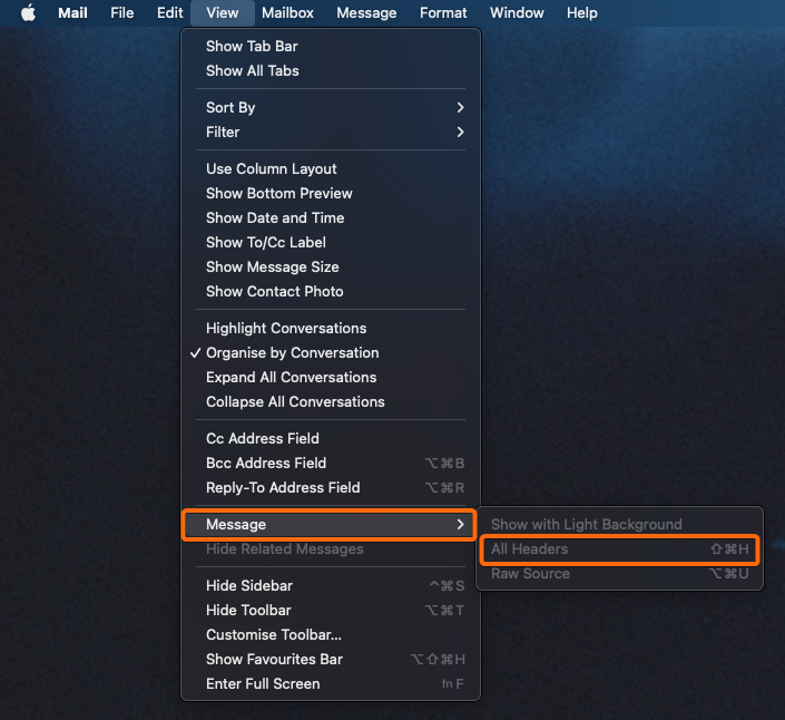 mac os mail message all headers