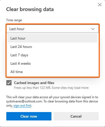 microsoft edge clear browsing data select time range