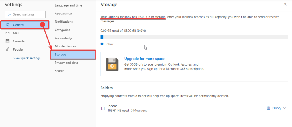 outlook mailbox settings general storage