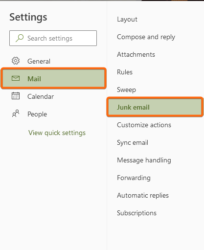 outlook web app all settings junk mail