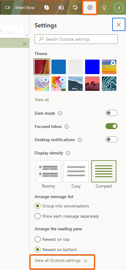 outlook web app settings view all