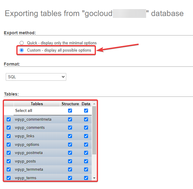 phpmyadmin database export option custom select tables