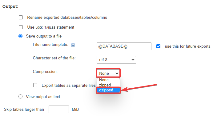 database export top navigation panel