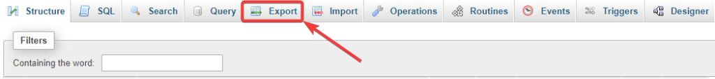 phpmyadmin database export top navigation panel