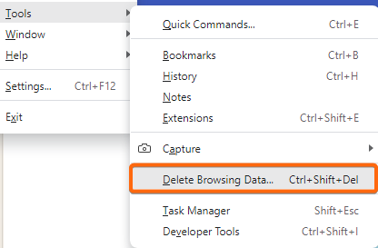 vivaldi menu tools delete browsing data