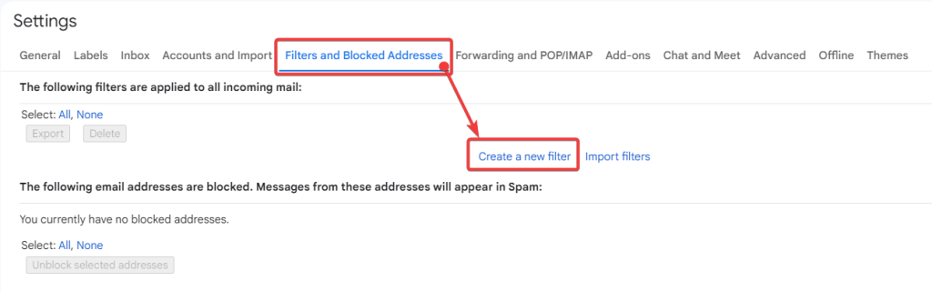 whitelist email addresses in gmail filtering create new