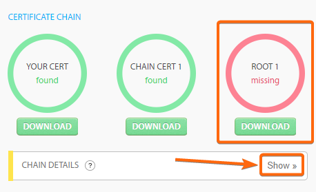ssl certificate chain missing root 1 show details